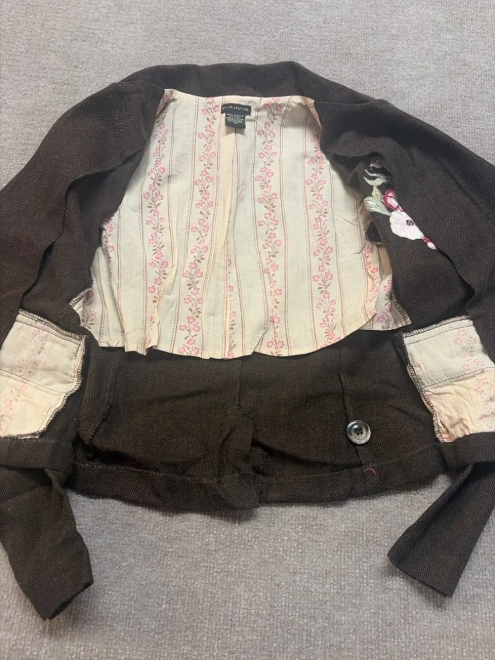 Y2K Cropped Embroidered Blazer Brown Tweed Sequin Floral Jacket Small 0841